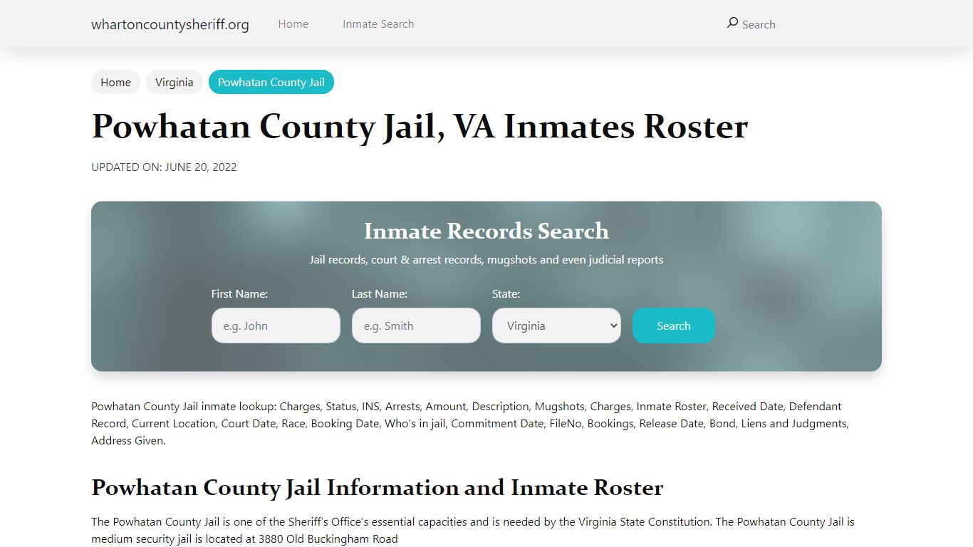 Powhatan County Jail, VA Jail Roster, Name Search