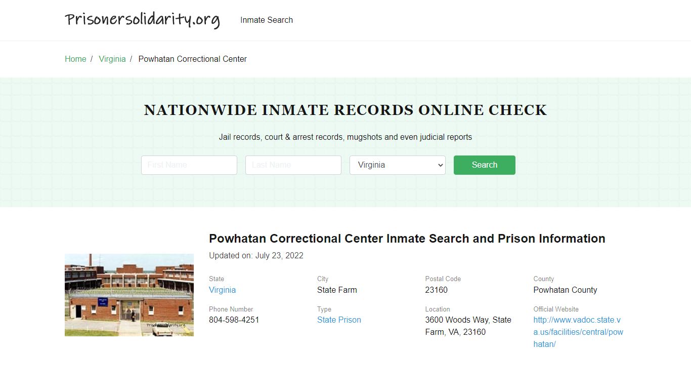 Powhatan Correctional Center Inmate Search and Prison Information
